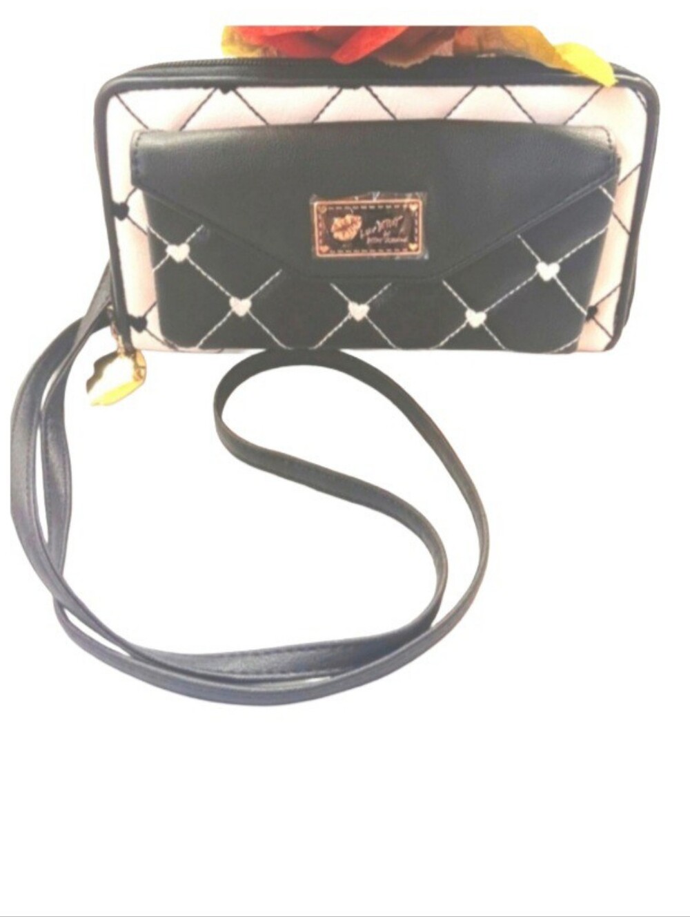 NWOT Betsey Johnson Mini Crossbody | Black & White Embroidered Hearts